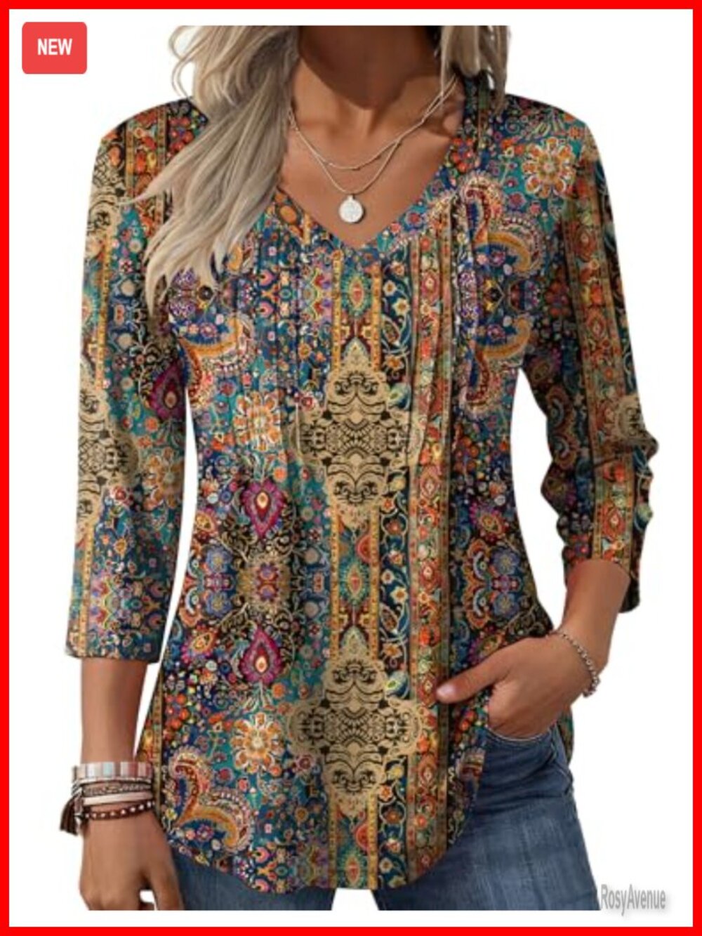3/4 Sleeve Boho Floral Blouse Women V Neck Pleated Top